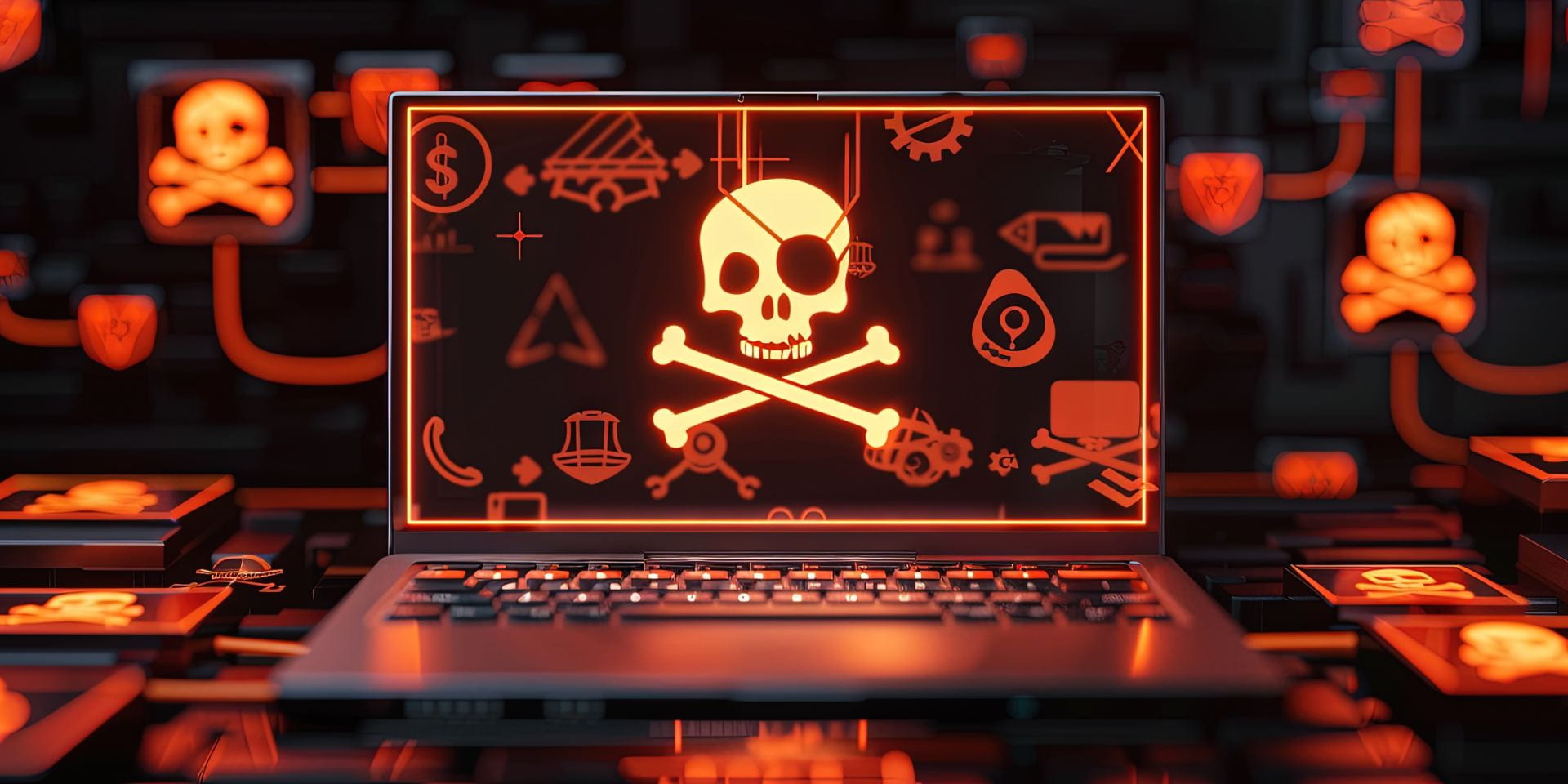 image of a laptop with skull and crossbones on the screen 